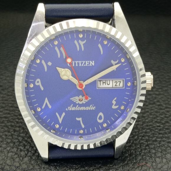 Vintage 1977 Citizen Automatic Mens Silver Watch W/daydate & Blue accents - Picture 4 of 8